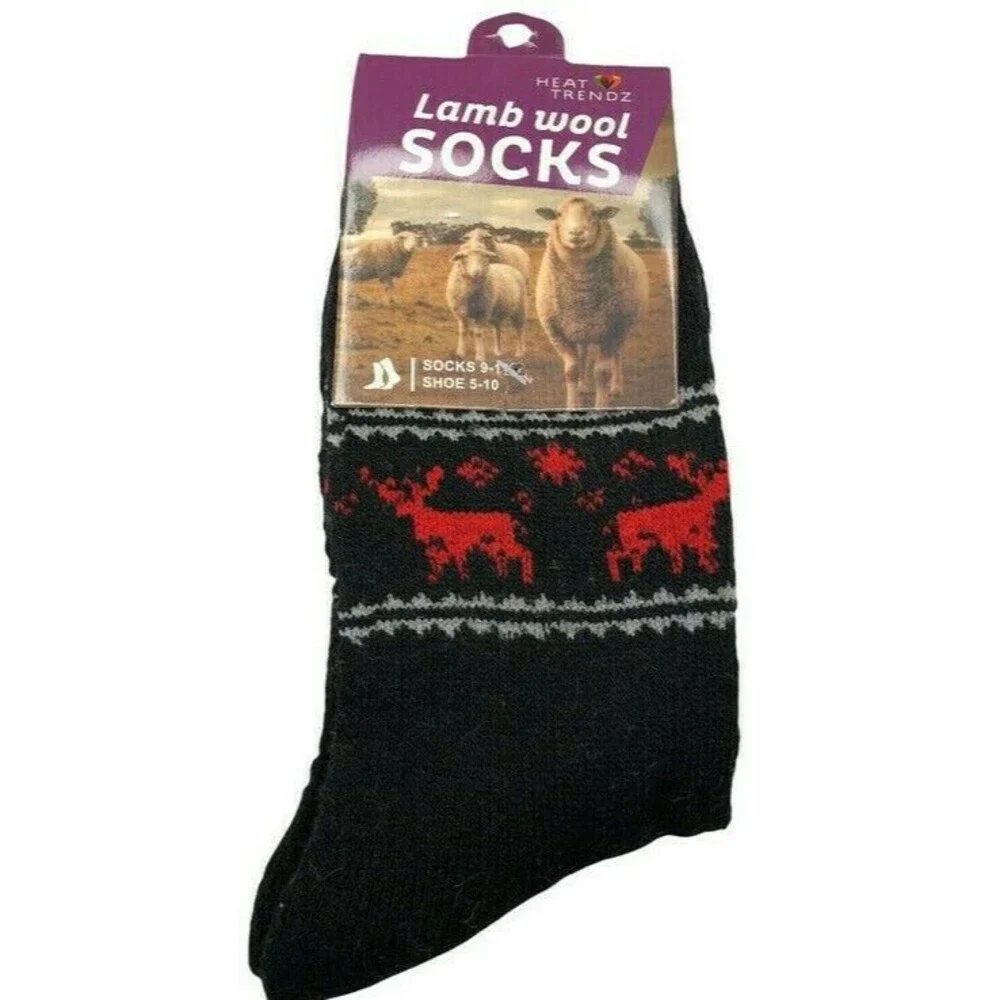Ladies Socks Lamb's Wool Fair Isle Deer Crew Warm Winter Size 9-11 Black